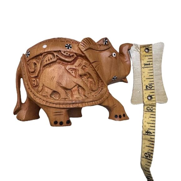 Hand Carved Wooden Elephant Intricate Details Smaller Elephant on Side - Picture 9 of 9